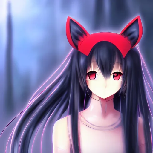 Image similar to big hyperdetailed red eyes anime girl cat ears beautiful face deviantert by aramaki shinji 8k hd hyperreality