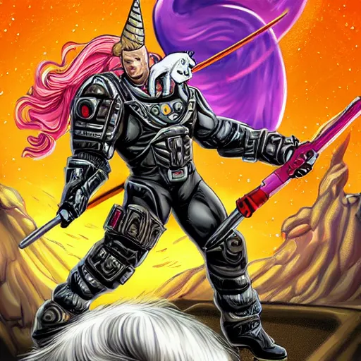 Image similar to Duke Nukem riding a unicorn through space