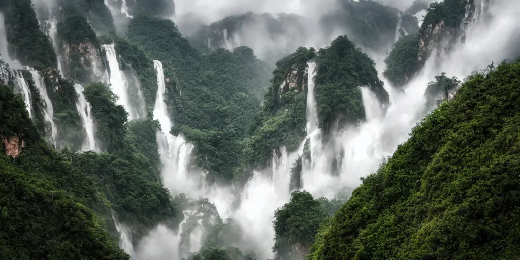 Image similar to Cloudy peaks in southern China with a waterfall, the style of National Geographic magazine