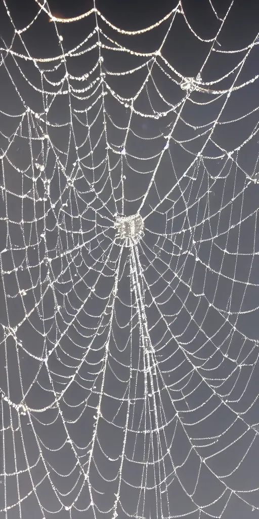 Image similar to a cobweb made of iridiscent platinum and ceramic chains, 4k photography flash