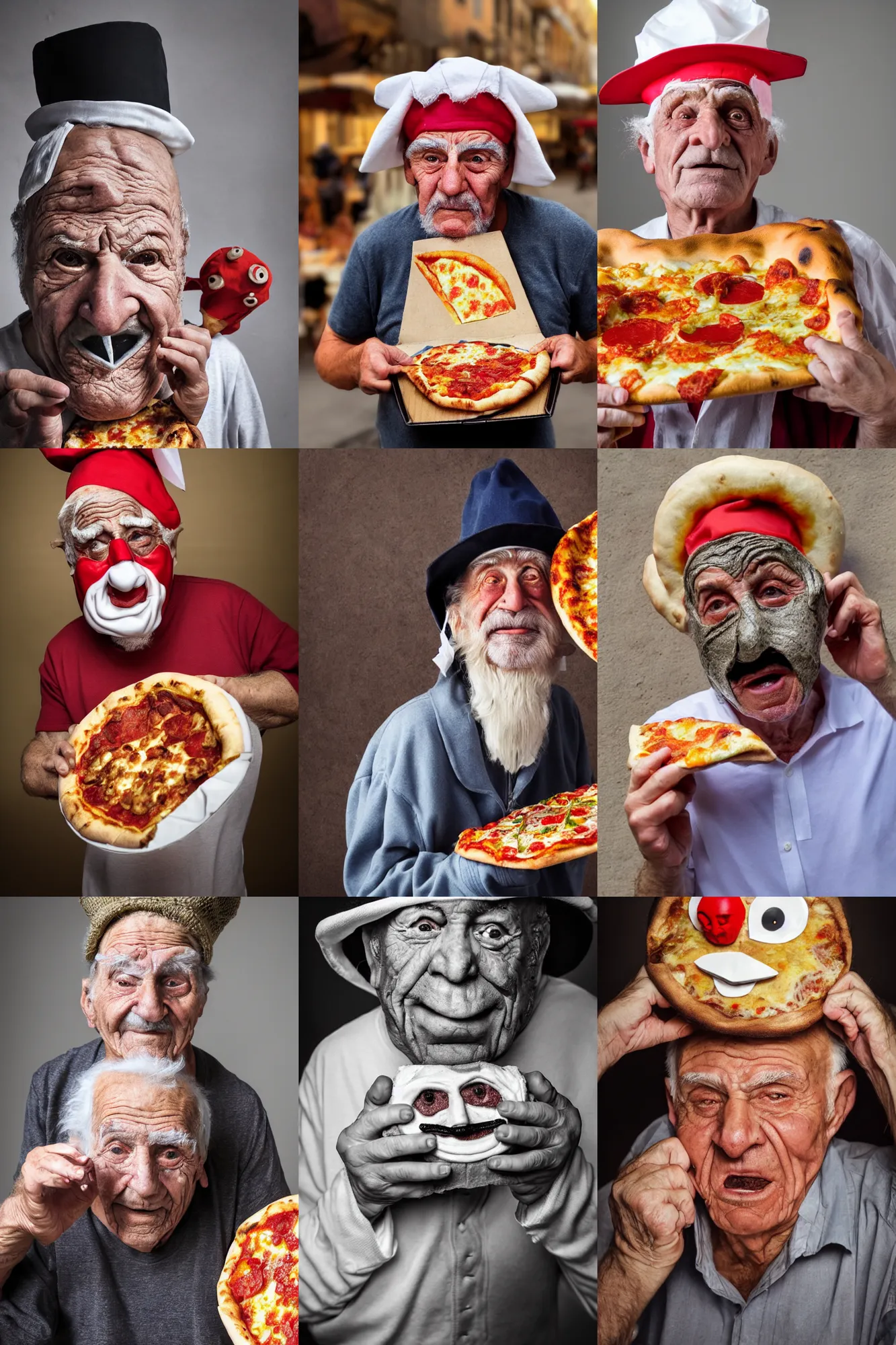 Prompt: close - up portrait of a wrinkled old man wearing a pulcinella mask holding up a pizza!! to behold, clear eyes looking into camera, baggy clothing and hat, masterpiece photo by paola agosti
