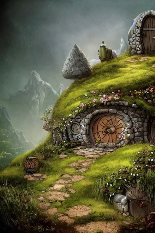 Image similar to beautiful matte painting of a hobbit house under a quaint hill, whimsical by brian kesinger and bridget bate tichenor