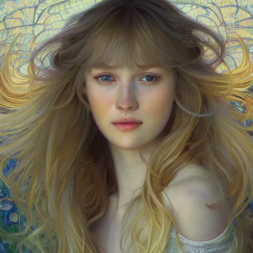 Image similar to A young woman with blonde long hair and bangs in shorts and white shirt drawn by Donato Giancola and Anna Dittmann, frank frazetta, alphonse mucha, background by James Jean and gustav klimt, 4k, volumetric lighting, french nouveau, trending on artstation, octane render, hyperrealistic