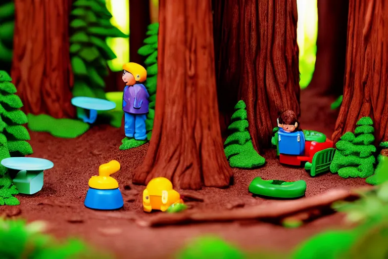 Image similar to fisher price redwood forest, california scene from tv show hyper detailed 5 5 mm 8 5 mm, toy photography, made out of plastic