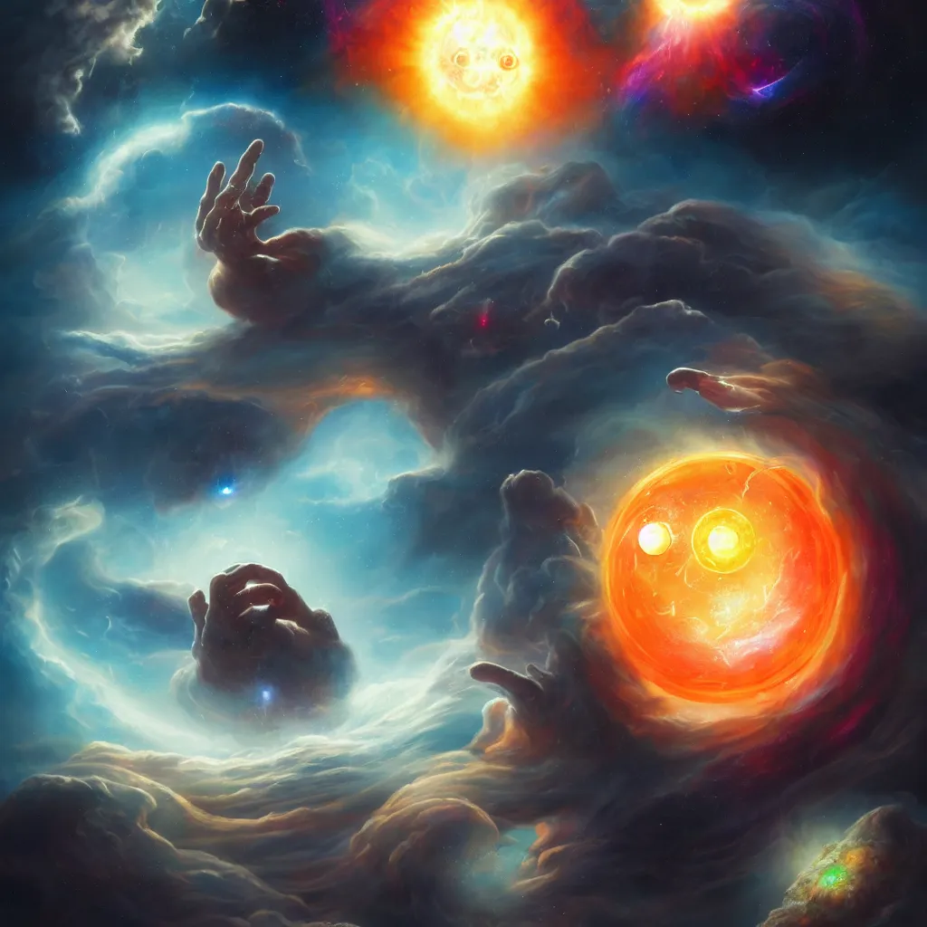 Image similar to giant celestial god levitating a solar system between it's hands, space, black hole, planet, clouds, nebula, creature, monster, alien tentacles, demon, colorful, high constrast, lens flare, oil painting, detailed, 4 k, 8 k, peter mohrbacher