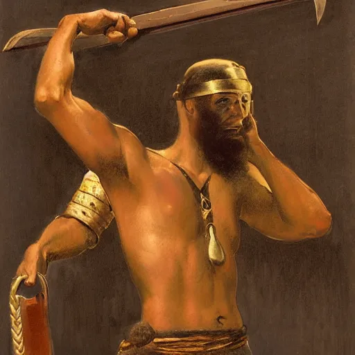 Image similar to a scrappy bronze age thief man, ancient mesopotamia, hiding, opportunistic expression, sword and sandal character portrait by theodore ralli and nasreddine dinet and anders zorn and nikolay makovsky and edwin longsden long