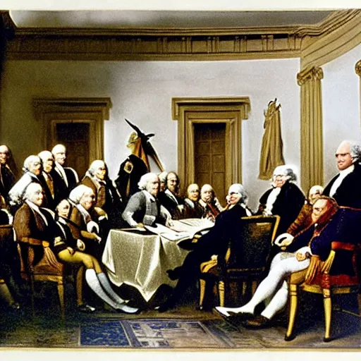 Image similar to film still of Danny Devito interrupting the signing of the declaration of independence and everyone is upset