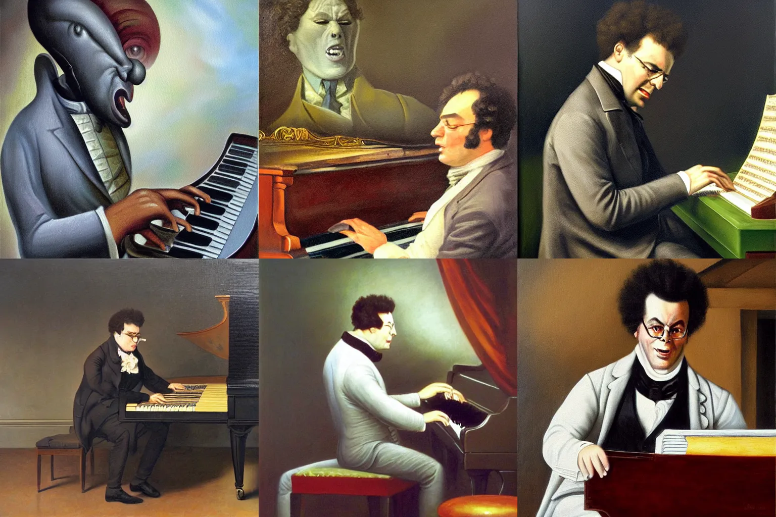 Prompt: angry franz schubert playing piano screaming at grey alien, an oil painting, realistic oil painting by josef kriehuber, classical oil painting
