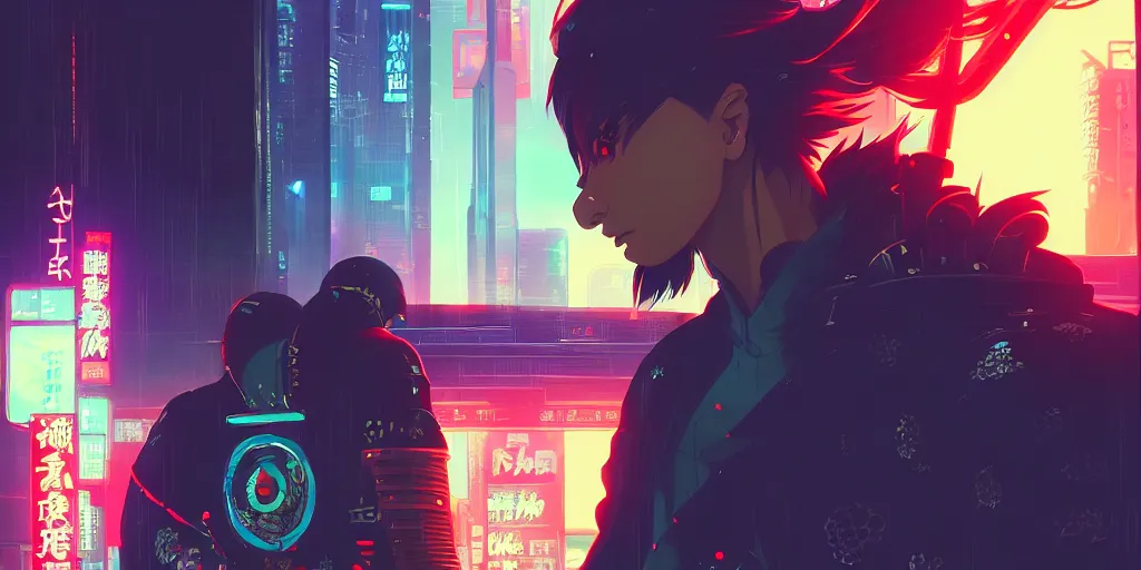 Image similar to digital illustration closeup of cyberpunk samurai in city street at night by makoto shinkai, ilya kuvshinov, lois van baarle, rossdraws, basquiat | afrofuturism, in the style of hearthstone, trending on artstation | cool color scheme