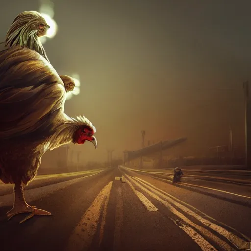 Image similar to A chicken with a human head crossing the road, dramatic lighting, artstation, cgsociety, Industrial Scifi, detailed illustration, intricate