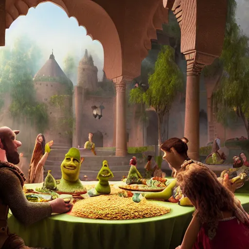 Prompt: shrek eats couscous with his family, moroccan festival, masterpiece, highly detailed, high quality, 4 k, anatomically correct, hyperrealistic, concept art, octane render, unreal engine 5, trending on artstation, trending on deviantart, matte, historical painting, fantasy style, path traced, high coherence, soft lighting, digital painting, mythical