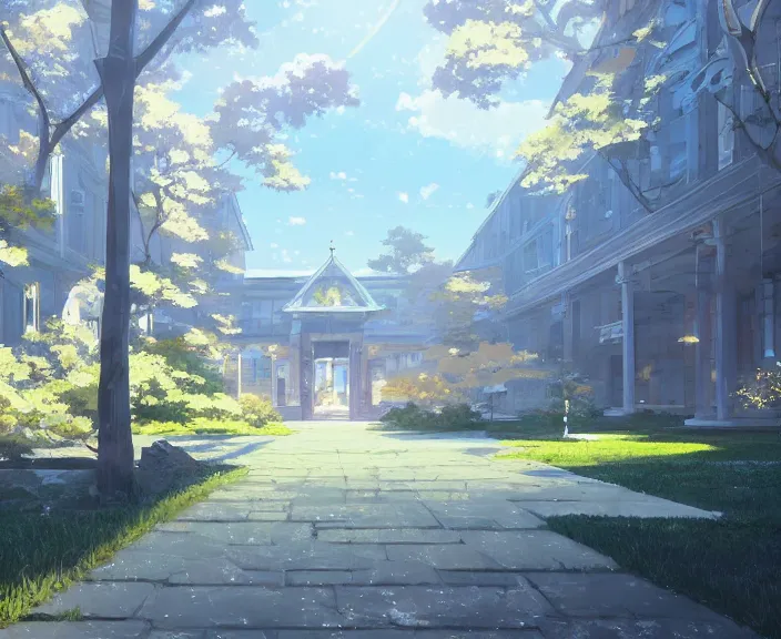 Image similar to a school building peaceful and serene incredible perspective, soft lighting, 4K, Your Name., Beautiful, ultra sharp detailed, Artstation, anime scenery concept art by Makoto Shinkai