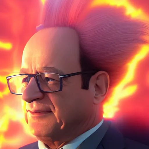 Image similar to François hollande with super saiyan hair charging up for a kamehameha, artstation, octane render, highly detailed