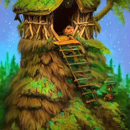 Prompt: a humble ewok building a treehouse from sticks and leaves in the forest, artstation, colorful