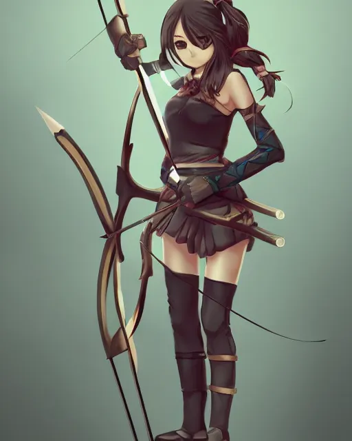 Image similar to anime girl with a bow and arrow, female archer, angry, warrior, artstation trending, concept art, digital painting