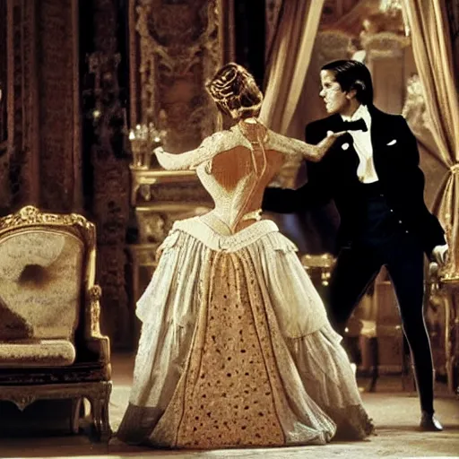 Prompt: ballroom scene from the leopard by luchino visconti with alain delon and claudia cardinale ( ( ( dresses as venus in birth of venus ) ) ) set in the 1 9 th century in an italian villa. technicolor!!!!, highly intricate, 5 0 mm