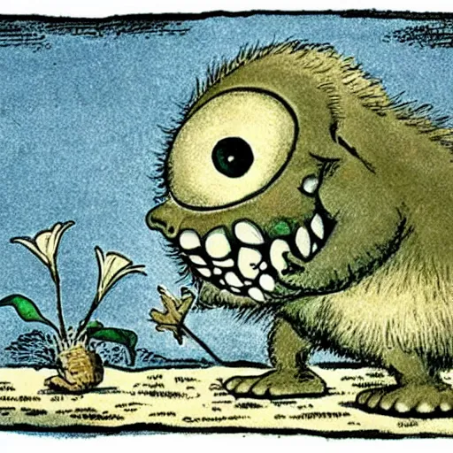 Image similar to life taking its first steps onto land. new life evolutionary ancestor. Ancient creature. Illustrated by Maurice Sendak