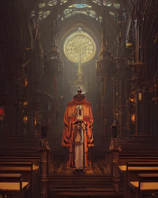 Image similar to highly detailed surreal vfx portrait of a steampunk priest in a steampunk cathedral, stephen bliss, unreal engine, greg rutkowski, loish, rhads, beeple, makoto shinkai and lois van baarle, ilya kuvshinov, rossdraws, tom bagshaw, alphonse mucha, global illumination, detailed and intricate environment