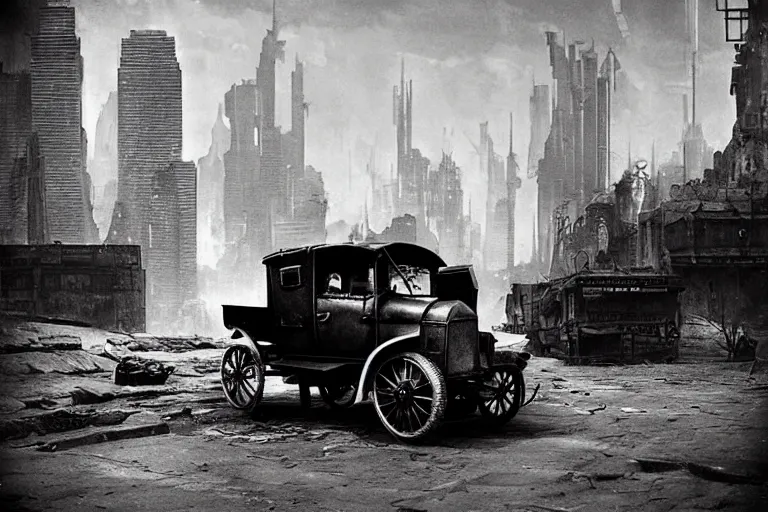 Prompt: cyberpunk 1 9 0 8 model ford t by paul lehr, beksinski, metropolis, parked by view over city, vintage film photo, robotic, black and white photo