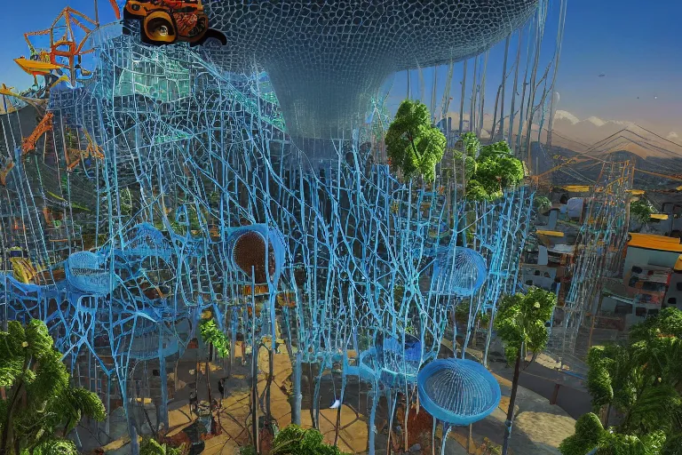 Image similar to favela thick jellyfish cathedral coaster hive, mission arts environment, industrial factory, terrifying, award winning art, epic dreamlike fantasy landscape, ultra realistic,