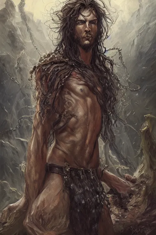 Image similar to a full body high detail fantasy portrait oil painting illustration of a necromancer by justin sweet with face and body clearly visible, flowing hair, high cheekbones, in a scenic background, pretty eyes, realistic proportions, d & d, rpg, forgotten realms, artstation trending, high quality, sombre mood, artstation trending, muted colours, entire person visible!