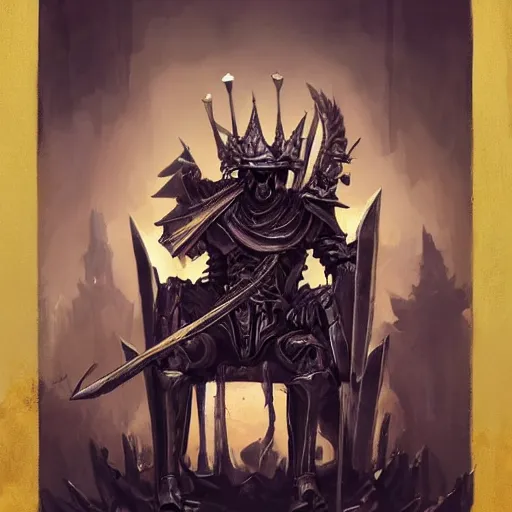 Prompt: Skeleton King wearing plate armour, resting on his throne, oil painting, by Fernanda Suarez and Greg Rutkowski