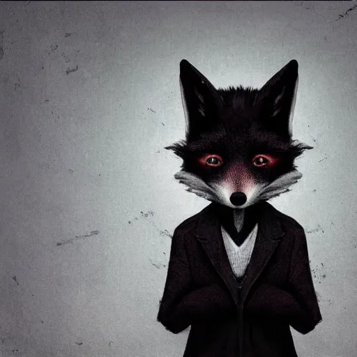 Image similar to blu-ray movie box cover for a horror movie featuring an anthropomorphic black fox dressed in casual clothing, dark and grainy