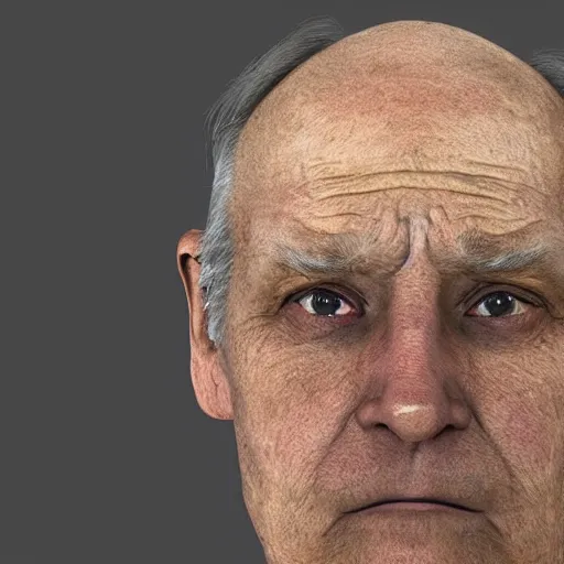 Prompt: A mugshot portrait of an old man who looks like Jerma985 with a receded hairline and short mid-length greying wavy hair, wearing mid-1980s menswear in the late 2000s, taken in the mid 2000s, grainy, realistic, hyperrealistic, very realistic, highly detailed, very detailed, extremely detailed, detailed, trending on artstation, front facing, front view, headshot and bodyshot, detailed face, very detailed face