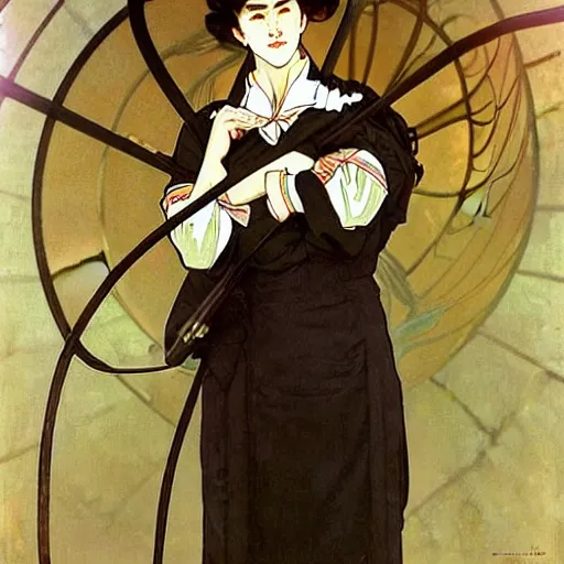 Image similar to full body painting of grumpy handsome thin beautiful young man in his 2 0 s named min - jun in a french female maid outfit, modern clothing, elegant, clear, painting, stylized, delicate facial features, stylized thin lines, soft but grumpy, highly detailed, art, art by alphonse mucha