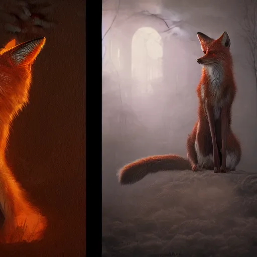 Prompt: photorealistic demonic fox in the style of michael whelan and gustave dore. hyperdetailed photorealism by greg rutkowski. 1 0 8 megapixels, 3 d finalrender, cinematic lighting