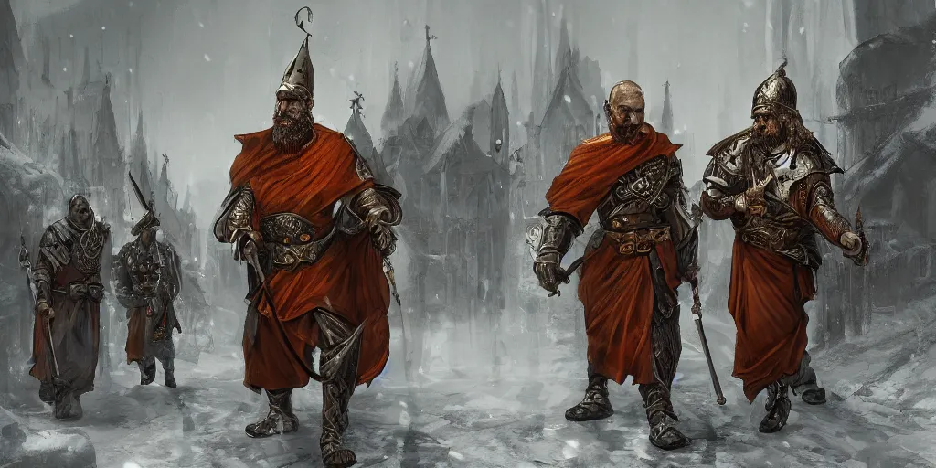 Image similar to byzantine styled warrior - monks patrol the streets of a sacred necropolis in winter, sharp focus, intricate concept art, ambient lighting, artstation