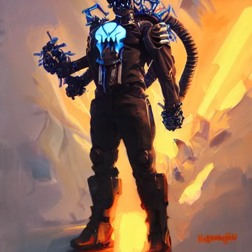 Image similar to greg manchess portrait painting of ghost rider as overwatch character, medium shot, asymmetrical, profile picture, organic painting, sunny day, matte painting, bold shapes, hard edges, street art, trending on artstation, by huang guangjian and gil elvgren and sachin teng