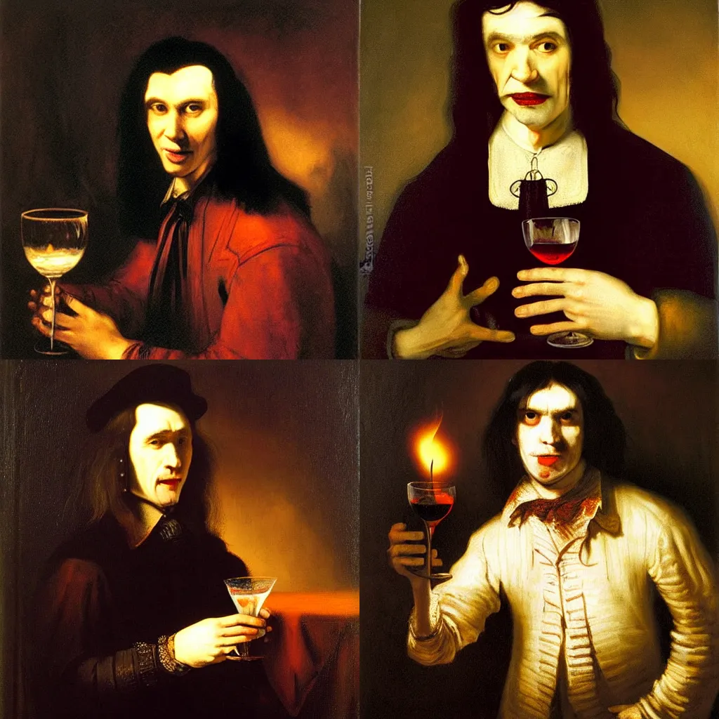 Prompt: oil painting of a vampire with long black hair, clean shaven, holding a glass of red wine and a lit match, by rembrandt,