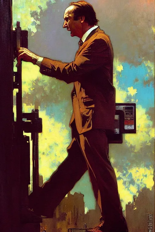 Image similar to saul goodman at a payphone, painting by'phil hale '!!! gaston bussiere, craig mullins, greg rutkowski, alphonse mucha, lady liberty