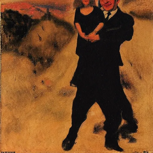 Image similar to Benjamin Netanyahu carrying Sara Netanyahu on his shoulders up a black mountain, wide shot, by Franz Stuck