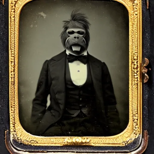 Image similar to a tintype photo of Bigfoot dressed in a tuxedo-H 768