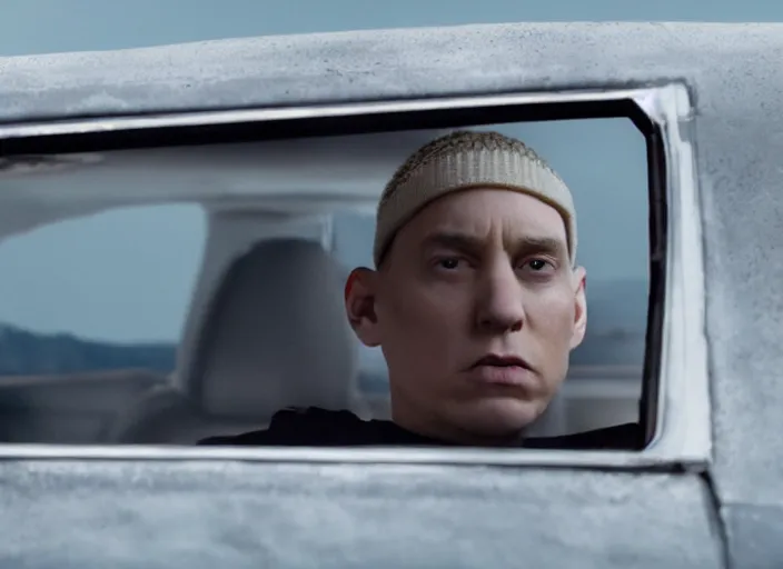 Image similar to a very high resolution image from a new movie, eminem in a car car. inside of a car. alone. mountains, directed by wes anderson