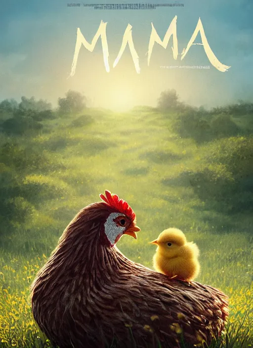 Prompt: a hen and her two cute small yellow chicks on a meadow, mama movie poster by nuri iyem, james gurney, james jean, greg rutkowski, anato finnstark. pixar. hyper detailed, 5 0 mm, award winning photography,