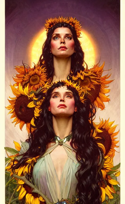 Image similar to magic gorgeous goddess portrait, sorrounded by sunflowers lighting by weta studio, mucha, bautista and norman rockwell and greg rutkowski and tom bagshaw and james gurney and lucasfilm