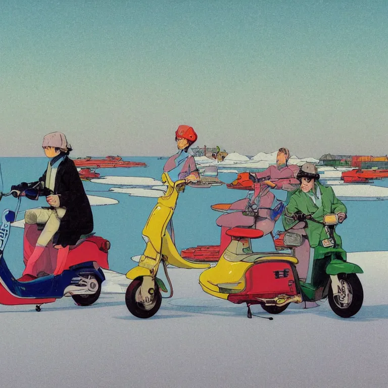 Image similar to electric scooters that fly over ice, acid and dreaming psychedelic hallucinations, by kawase hasui, moebius and edward hopper, colorful flat surreal design, hd, 8 k, artstation