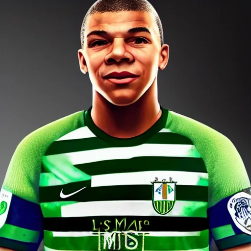 Prompt: kylian mbappe dressed with the betis football team shirt in the benito villamarin, 4 k extremely photorealistic, high contrast colors, hyper detailed!!