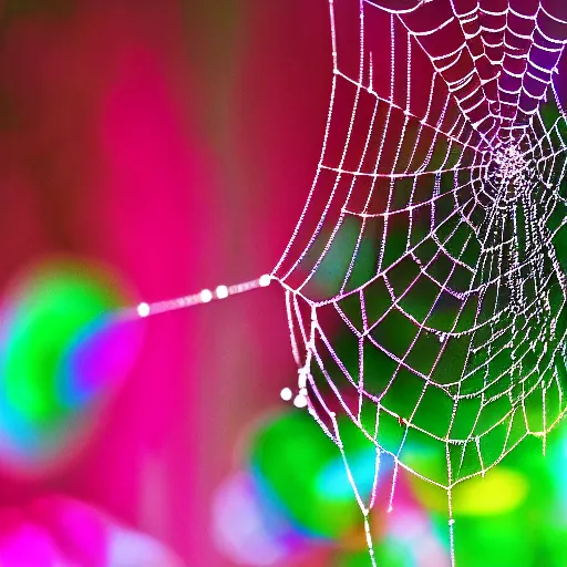 Prompt: beads of water on spiderweb, 8K, DSLR close-up, scientific photography winner, chromatic aberration, prismatic effect, natural lighting