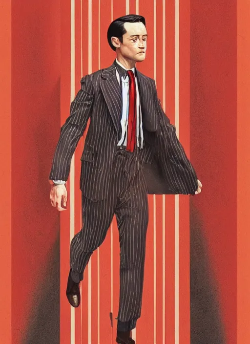 Image similar to joseph gordon - levitt joseph gordon - levitt!!!, joseph gordon - levitt jgl josephgordonlevitt wearing a 1 9 2 0 s red striped outfit, from scene from twin peaks by michael whelan, tomer hanuka, rossetti bouguereau, artgerm, retro, nostalgic, old fashioned