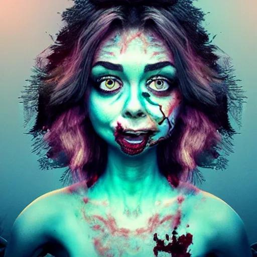 Image similar to zombie sarah hyland making a duckface selfie, art by beeple