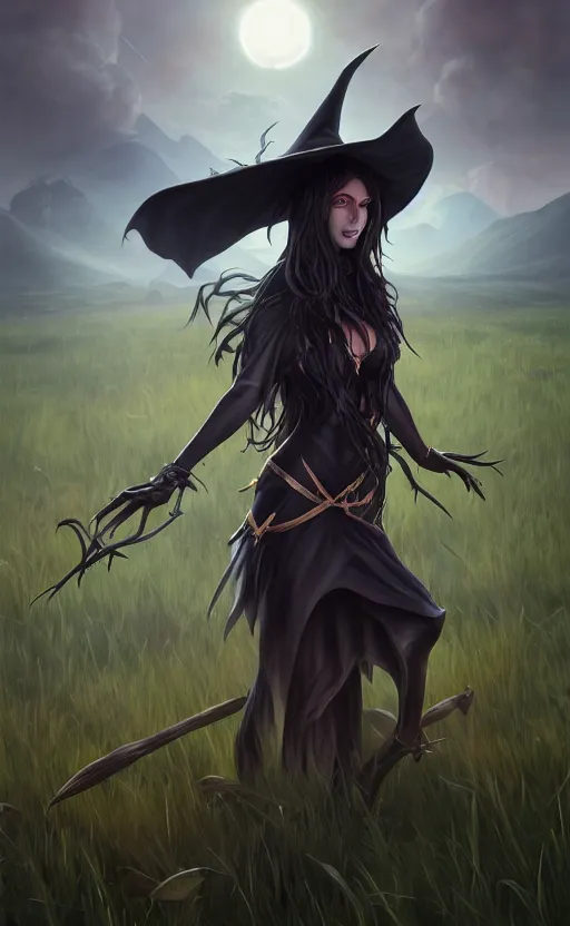 Image similar to medium shot of dark elf witch in field, sunny, highly detailed, d & d, fantasy, highly detailed, digital painting, trending on artstation, concept art, sharp focus, illustration, global illumination, ray tracing, realistic shaded, art by artgerm and greg rutkowski and fuji choko and viktoria gavrilenko and hoang lap