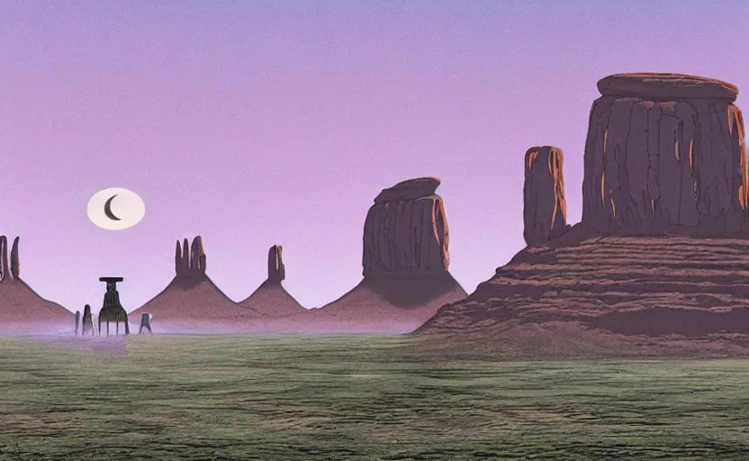Image similar to a realistic cell - shaded studio ghibli concept art from paprika ( 2 0 0 6 ) of a multi - colored ufo from close encounters of the third kind ( 1 9 7 7 ) in a flooded monument valley temple stonehenge jungle. a giant camel is in the foreground. very dull colors, portal, hd, 4 k, hq