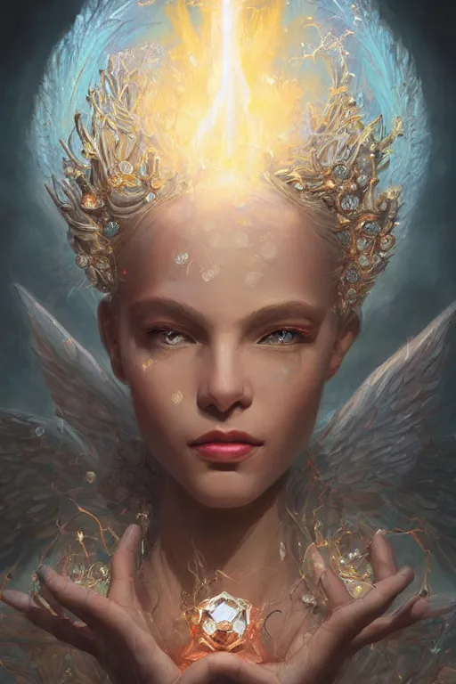 Prompt: face closeup of a beautiful model casting magic spell holding diamonds, angel, fantasy, dramatic lighting, highly detailed, digital painting, holding electricity, magic the gathering, hyper detailed, 3 d render, hyper realistic detailed portrait, peter mohrbacher, wlop, ruan jia