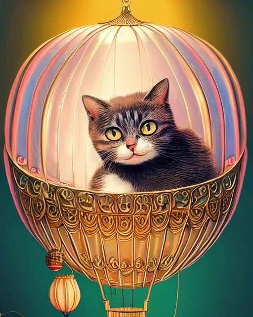 Prompt: cute female cat inside an ornate flying balloon basket of iridescent liquid, alchemy, shiny plastic, intricate, bloom, detailed, volumetric lighting, sharp focus, photorealism, digital painting, highly detailed, concept art, by by artgerm and wlop