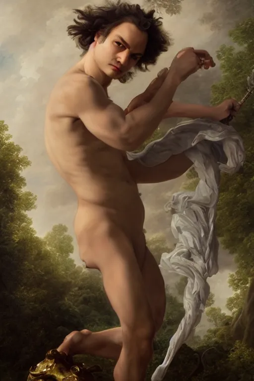 Image similar to Frank Dillane as Puck full body portrait, style portrait painting of François Boucher, Oil Painting, unreal 5, DAZ, hyperrealistic, octane render, Regal, Refined, Detailed Digital Art, RPG portrait, William-Adolphe Bouguereau, Michael Cheval, dynamic lighting, Highly Detailed, Cinematic Lighting, Unreal Engine, 8k, HD