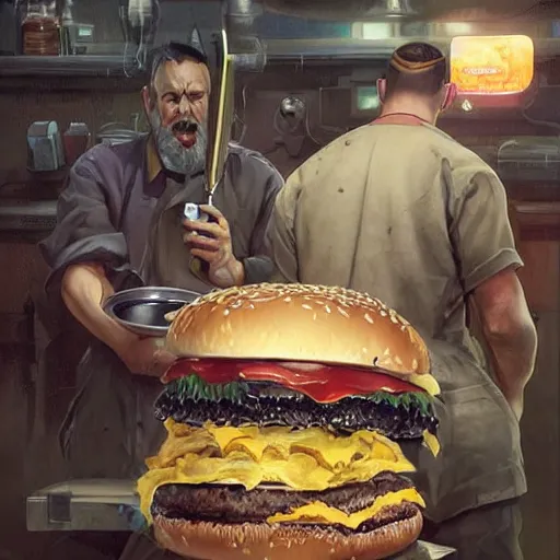 Prompt: a highly detailed epic cinematic concept art CG render digital painting artwork costume design: Ben Affleck as a 1940s alcoholic mechanic eating a giant mcdonald's big mac hamburger, voluptuous sesame seed bun, extra ketchup and pickles and onions . By Greg Rutkowski, Ilya Kuvshinov, WLOP, Stanley Artgerm Lau, Ruan Jia and Fenghua Zhong, trending on ArtStation, made in Maya and Photoshop, octane render, excellent composition, cinematic atmosphere, dynamic dramatic cinematic lighting, aesthetic, very inspirational, arthouse